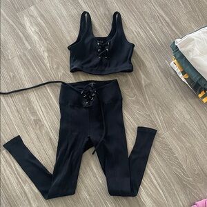 Year of ours black ribbed stretch football leggings and top